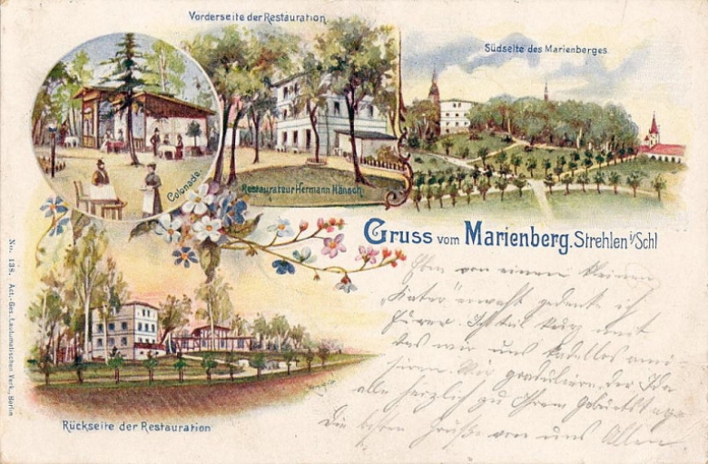 Kartka pocztowa, pozdrowienia ze wzgórza Marienberg. Przełom XIX i XX wieku.